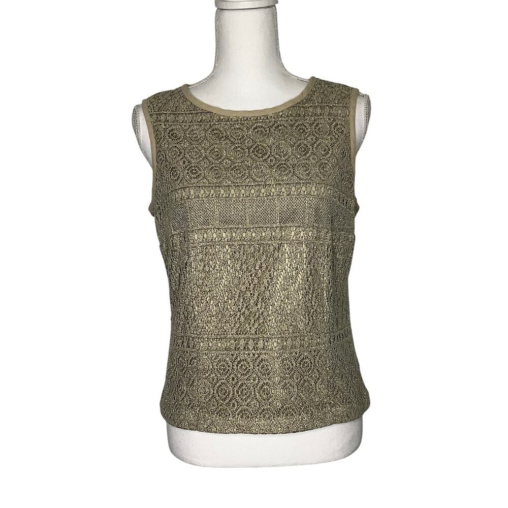 M.H.M. Melissa Harper Gold Crochet Sleeveless Top Back Buttons
